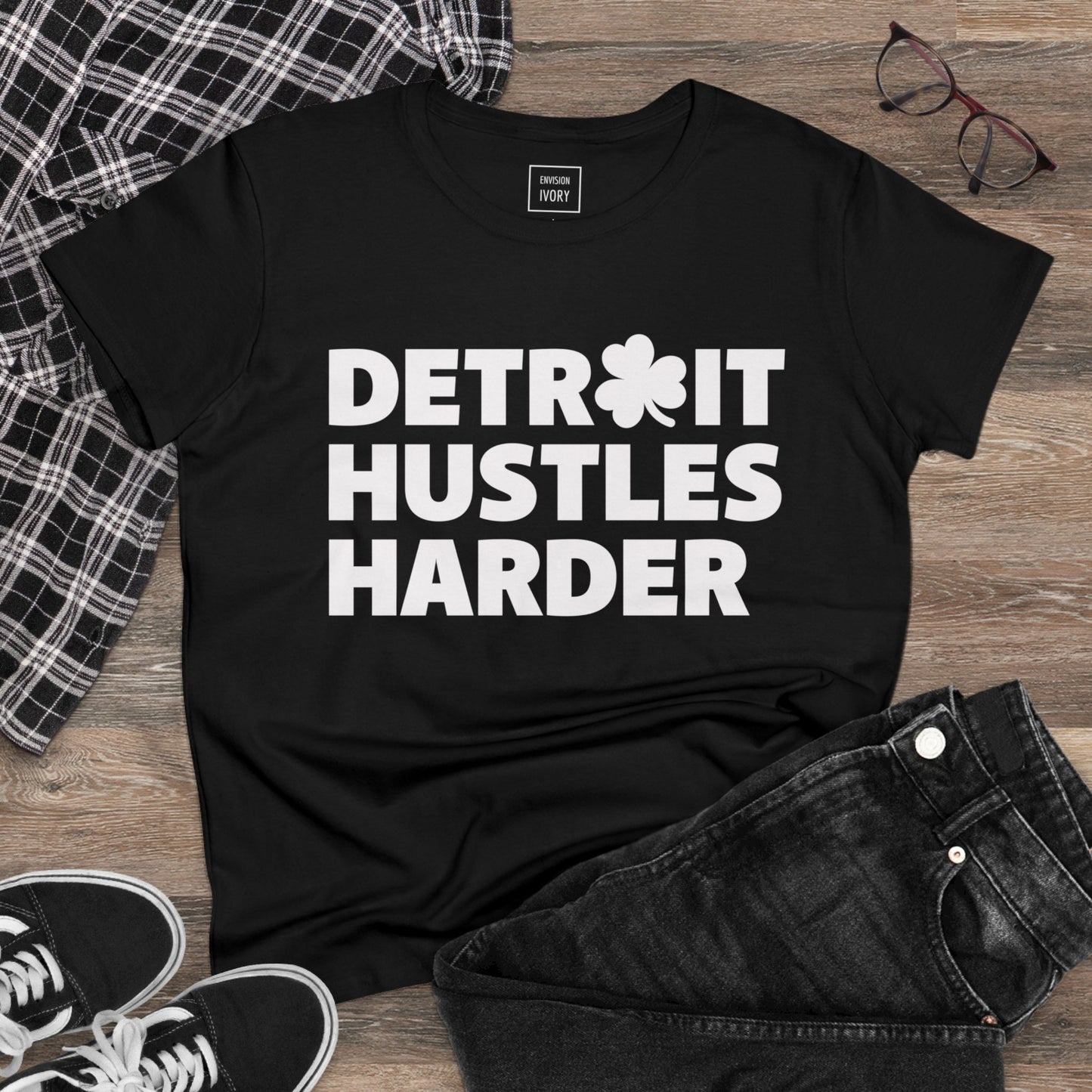 Detroit Hustles Harder Women's Tee: Embrace the Motor City Spirit