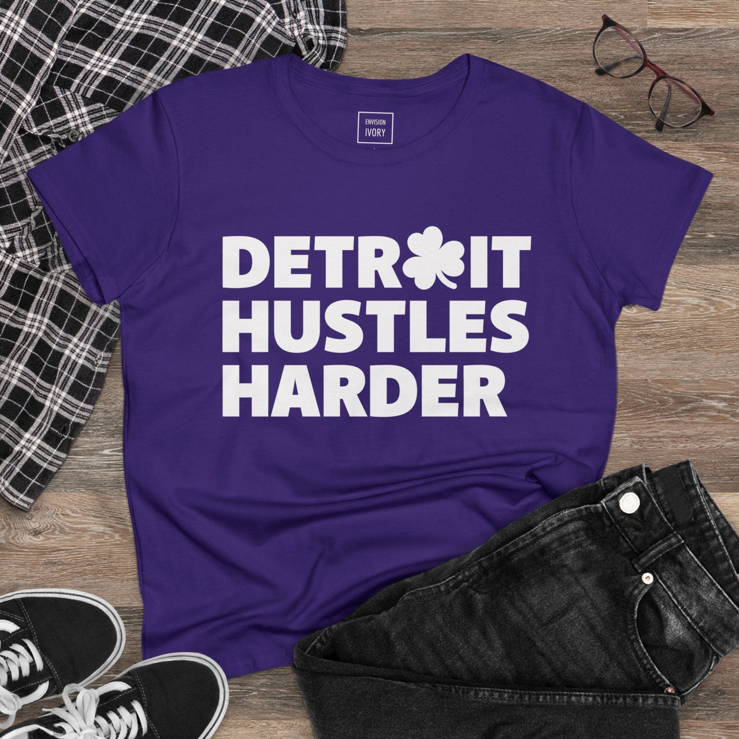 Detroit Hustles Harder Women's Tee: Embrace the Motor City Spirit